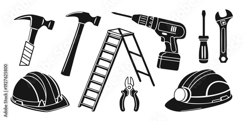 Assorted construction tools and safety equipment arranged on a flat surface. Vector