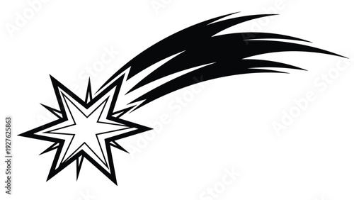 Bold black and white shooting star or comet illustration with a long dynamic tail for celestial and holiday greeting designs.
