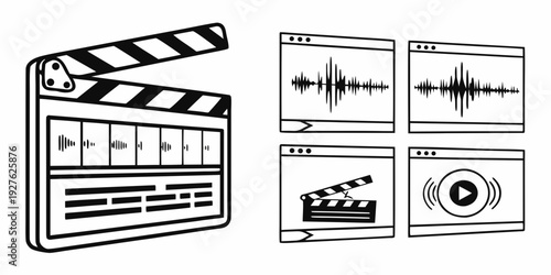 Collection of media icons representing film, audio, and video editing tools Vector