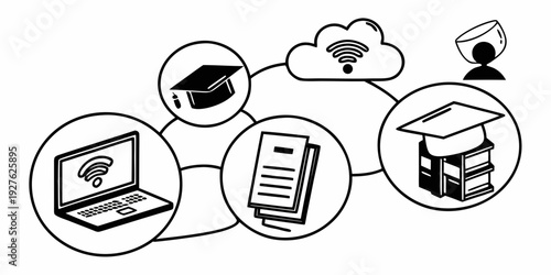 Illustration of online education and e-learning concept with various symbols. Vector