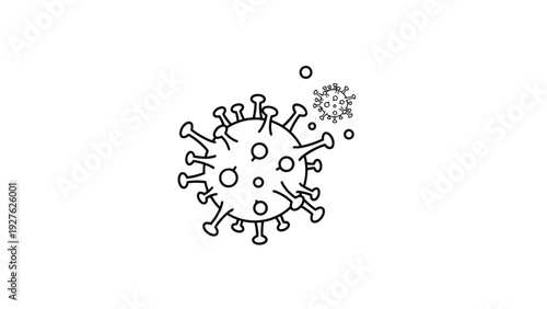 Simple line art illustration of two microscopic virus cells with small particles isolated on a white background for medical study.