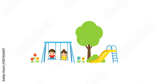 Kids playing on playground, vector illustration, cartoon style graphic, childhood fun, recreational activity