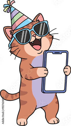 Cute pet mascot showing a mobile device monitor for a celebration