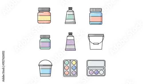 Variety of colorful makeup and skincare containers including jars pots tubes and palettes