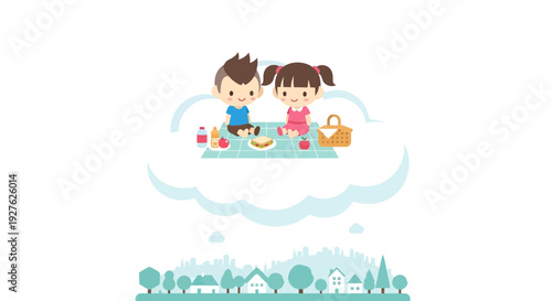 Kids picnic illustration, vector style graphic, happy children eating outdoors, summer fun, family time