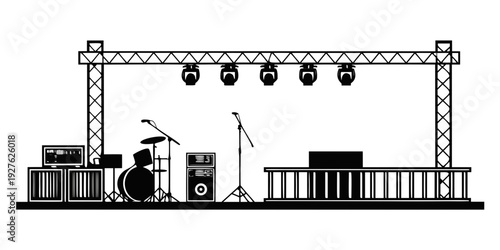 A detailed illustration of a stage setup with musical equipment and lighting. Vector