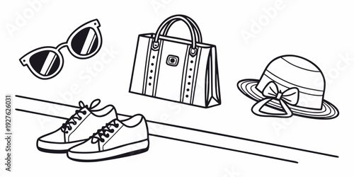 A variety of items including a handbag, sunglasses, and a shoe placed on a surface. Vector