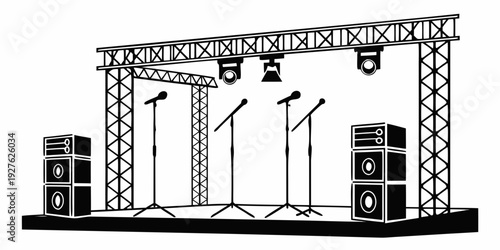 A stage with musical instruments and equipment set up for a live performance Vector