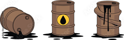 Oil barrel vector set with leaking and sealed drums, petroleum industry illustration collection for energy, fuel storage, environmental pollution, and industrial design concepts