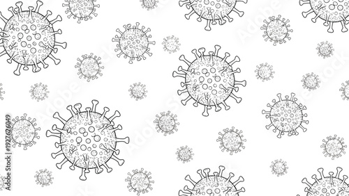 Textured seamless pattern featuring various sized microscopic virus cell illustrations in a stippled black and white style.