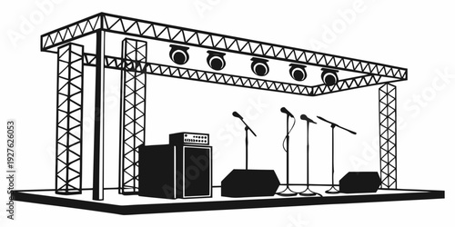 Band performing on stage with musical instruments and microphones Vector
