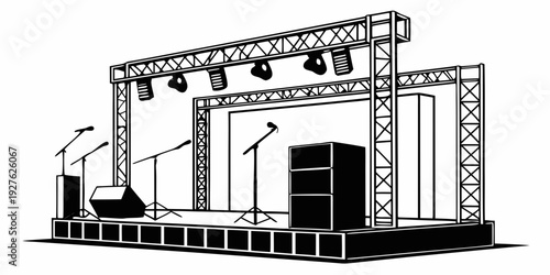 A detailed illustration of a stage setup with lighting and sound equipment Vector
