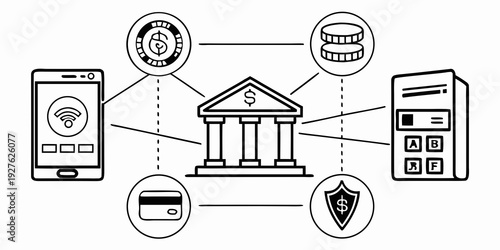 Illustration of a bank and various devices connected to it representing online banking Vector