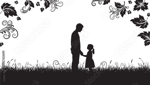 Father and daughter silhouette holding hands in grassy field with floral vine border, family love concept on white background featuring parent, child, bonding with parenting and fatherhood elements