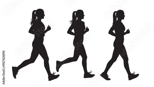 Woman runner silhouette set in side view showing jogging and walking poses, fitness training concept isolated on white background featuring female, running, jogger with walk and outline elements for