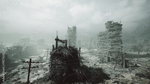 Fotografie stormy ruined outpost atop rubble, makeshift antenna and leaning poles surround