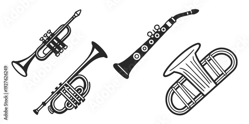 A collection of four different musical instruments from the brass family. Vector