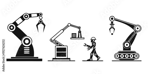 Industrial robots and human worker collaborating in a manufacturing environment Vector