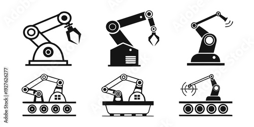 Industrial robots and construction equipment in monochrome Vector