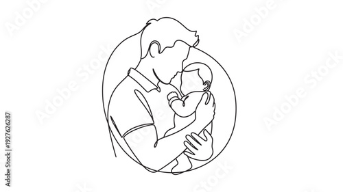 Father holding newborn baby in arms, minimalist continuous line drawing in circular frame, parenting love and family care concept featuring dad, infant, parent with fatherhood and bonding elements