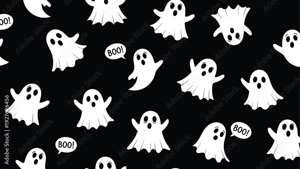 Fototapeta premium Spooky halloween seamless pattern with white cartoon ghosts and boo speech bubbles over a solid black background for festive designs.