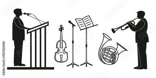 Musicians performing on stage with various instruments and sheet music Vector