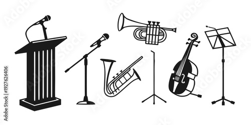 A variety of musical instruments and equipment arranged in a row Vector
