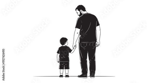 Father and young son holding hands, rear view silhouette illustration on white background, parenting and family bond concept featuring dad, parent, child with kid and fatherhood elements for