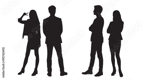Business people silhouettes standing in pairs, confident team members in formal wear isolated on white background featuring silhouette, teamwork, colleagues with employees and office elements for