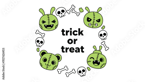 Halloween wreath design with green zombie heads and skulls surrounding trick or treat text on a clean white background for posters.