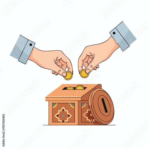 Handsoffers placing coins into a vintage style money box for saving and financial growth
