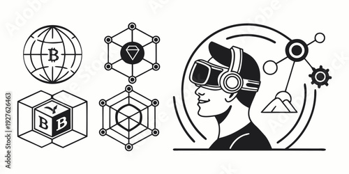 A futuristic woman wearing augmented reality glasses surrounded by digital icons Vector
