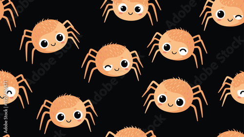 Adorable orange spiders with cute faces and winking eyes in a seamless pattern over a dark black background for halloween themes.