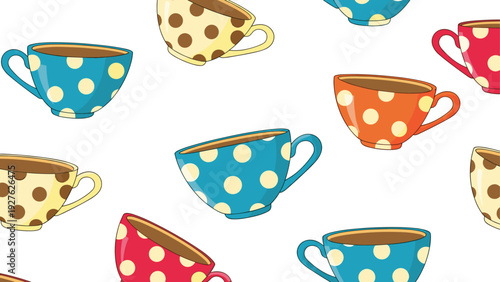 Colorful seamless pattern with polka dot tea cups in various shades scattered on a white background for kitchen decor or wallpaper.