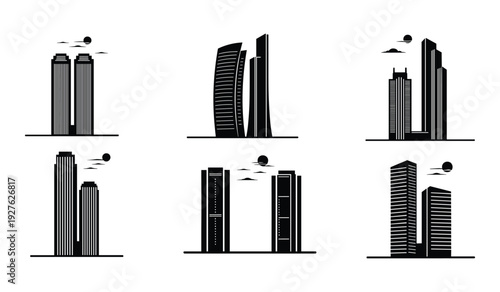 Set of six black and white skyscraper with unique and shapes skyscrapers buildings urban