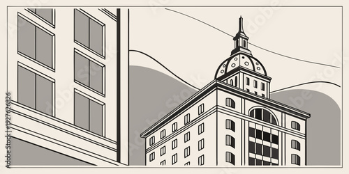 A detailed architectural illustration of a historic building with intricate details. Vector