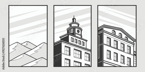 A serene village nestled in the mountains with a clear blue sky above. Vector