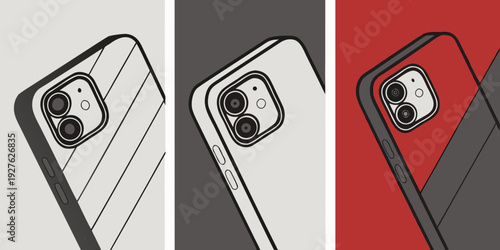 Three smartphones with different colored cases arranged in a row Vector