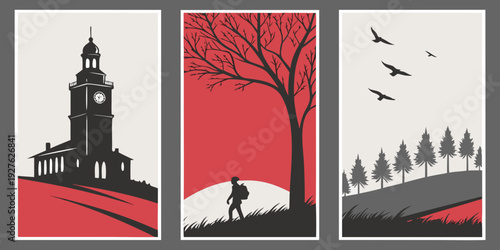 A serene landscape with a church, a tree, and birds in flight under a red sky Vector