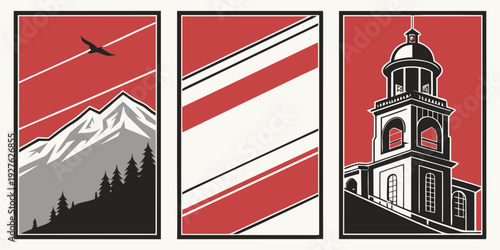 Three distinct images of a lighthouse on a rocky shore with a red and white color scheme Vector