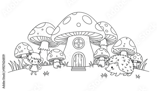Whimsical black and white of mushroom house with fairies and hedgehog fairy