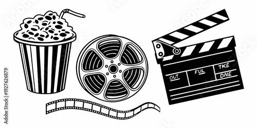 A delightful spread of movie snacks and filmmaking tools. Vector