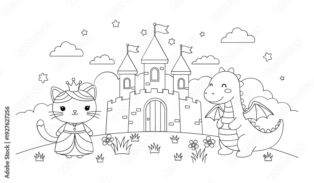 Fototapeta premium Black and white line of a princess cat and knight dragon standing in front of a castle