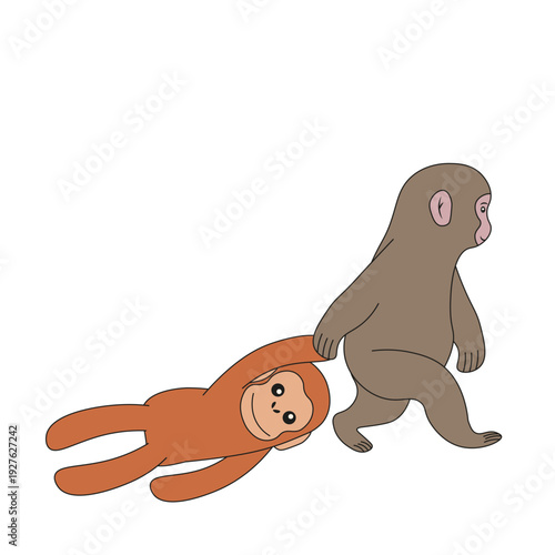 Vector Punch Monkey walk with her mother isolated transparent background. Lonely Punch with mom. Editable stroke. EPS 10
