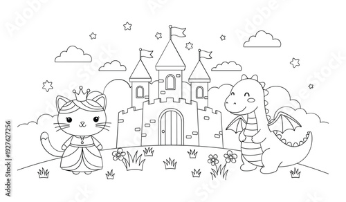 Black and white line of a princess cat and knight dragon standing in front of a castle