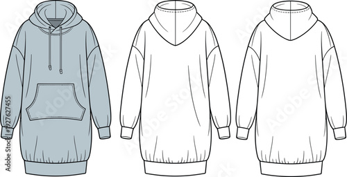 hoodie, sweatshirt, dress, apparel, fashion, garment, clothing, template, sketch, illustration, oversized, casual, design, outfit, vector