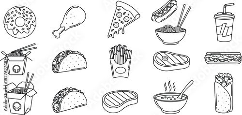 Fast food doodle icons vector set with pizza burger fries tacos and takeout line art illustration