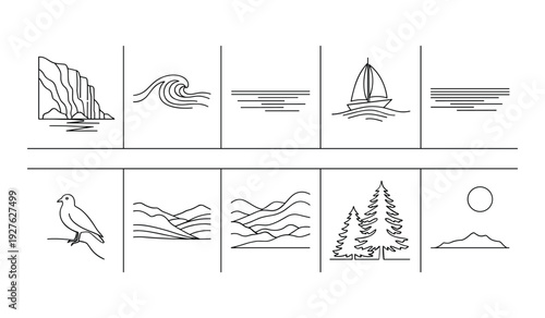 Minimalist line of nature scenes including mountains wave sun bird hills and sailboat