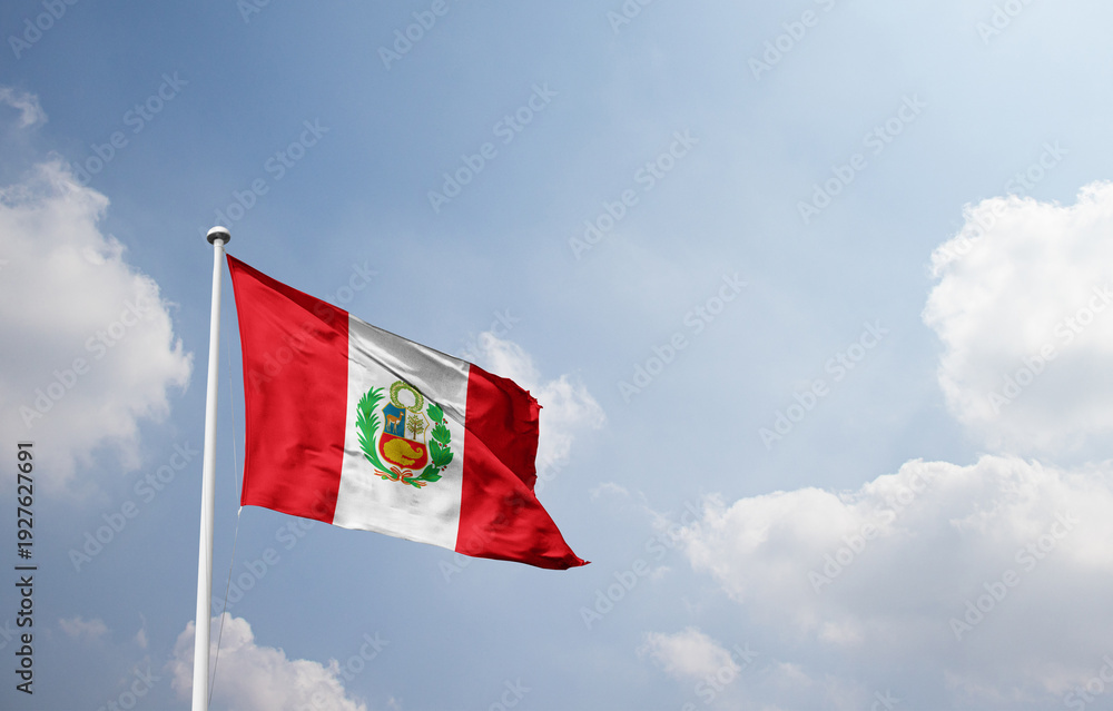 Naklejka premium Peru national flag waving in sky.
