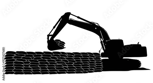 Silhouette of a heavy excavator stacking sandbags for flood protection and disaster prevention